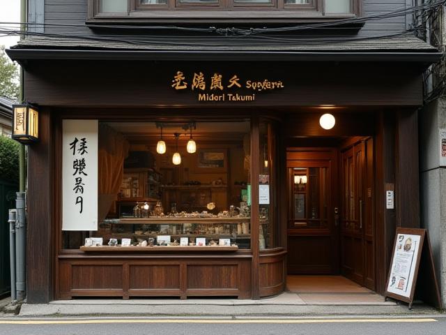 Midori Takumi storefront in Tennoji, Osaka, with traditional wooden facade and discreet signage.