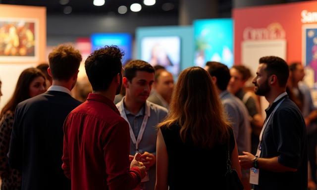 Animation studio team at an industry event networking and presenting work