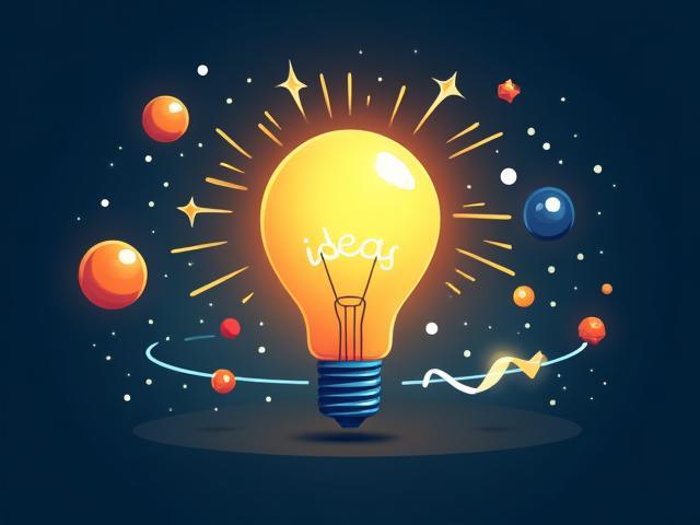 Illustration of creative animation tools and inspirational elements around a lit lightbulb