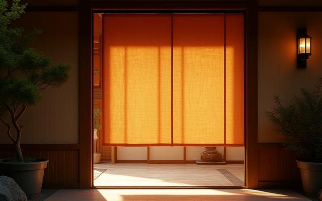 A beautifully lit entrance to a traditional Japanese building with a noren curtain, signifying a welcoming artisanal space.
