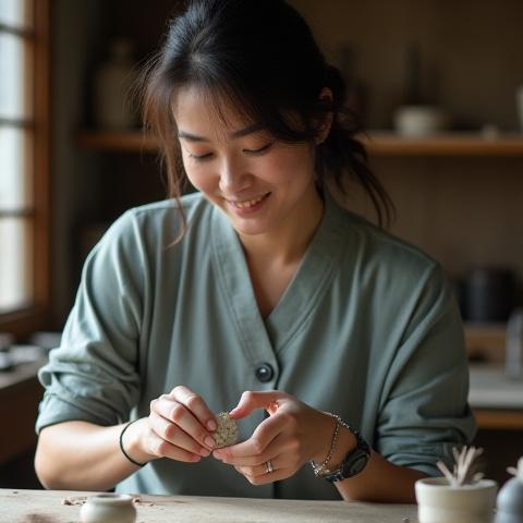 陶ボタン作家、斉藤葵さんの肖像と工房の様子