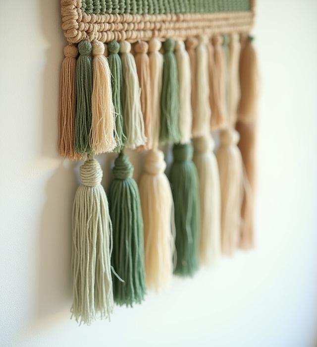 壁掛けに飾られた、繊細な手染めタッセルのクローズアップ
