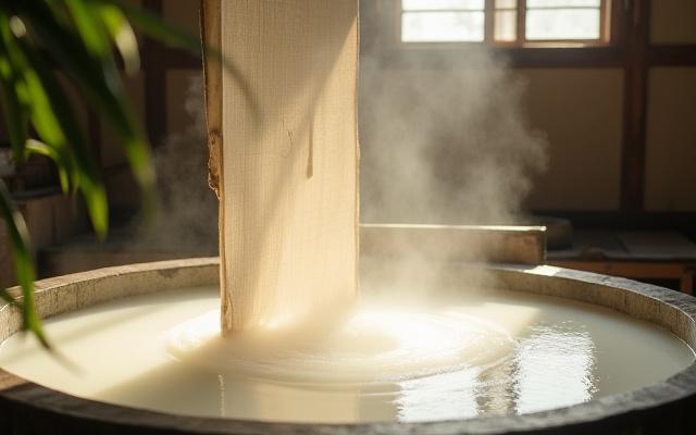 Traditional Japanese papermaking screen with fresh Washi pulp