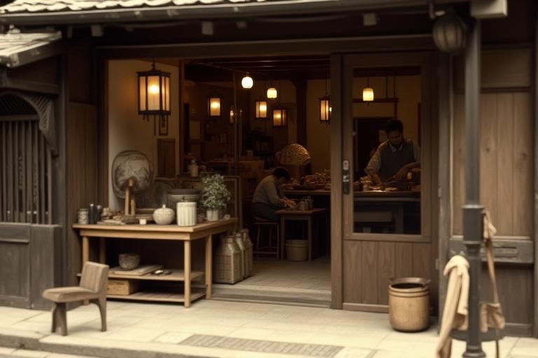 天王寺区の歴史的な工房の外観、または職人が作業する古い写真のようなセピア調の画像。