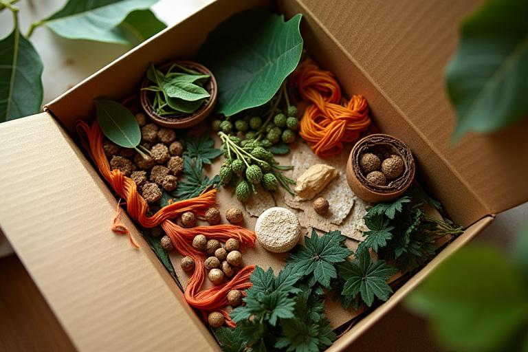 熱帯雨林をテーマにした複数のクラフト材料が美しく配置されたキット。鮮やかな羽、染料、木片、紙が含まれる。