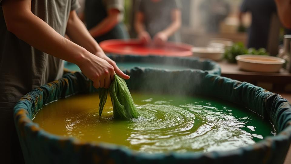 ワークショップで染料の浴槽に手を浸し、天然染料で布地を染める人の鮮やかなクローズアップ写真。