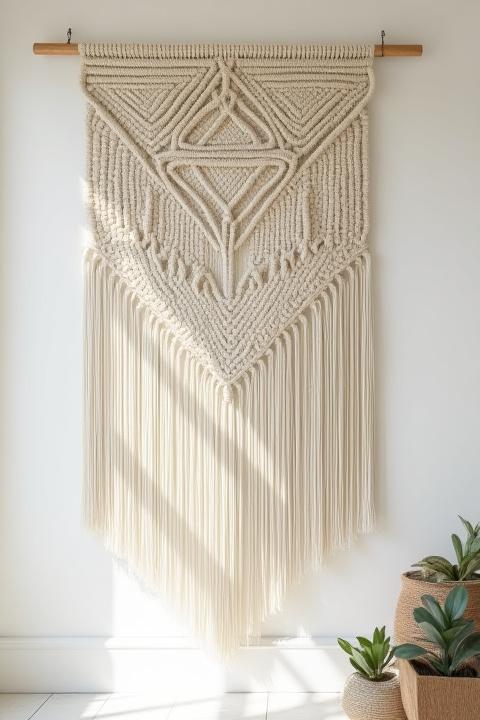 幾何学的な模様が特徴的な大型マクラメ壁掛け。