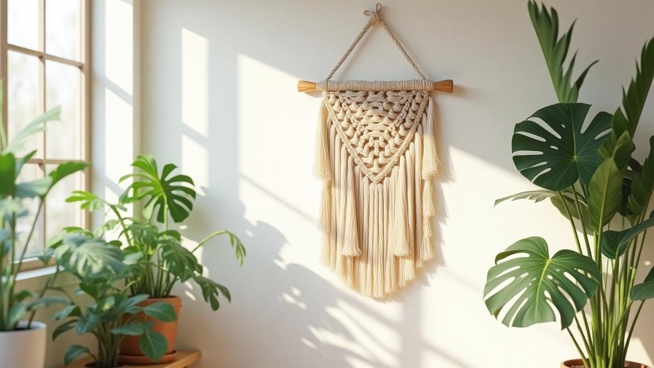 自然光が降り注ぐ部屋に飾られた、緑豊かな植物と調和する美しいマクラメの壁掛け。丁寧に編まれた紐の質感と温かみのある色が際立つ。