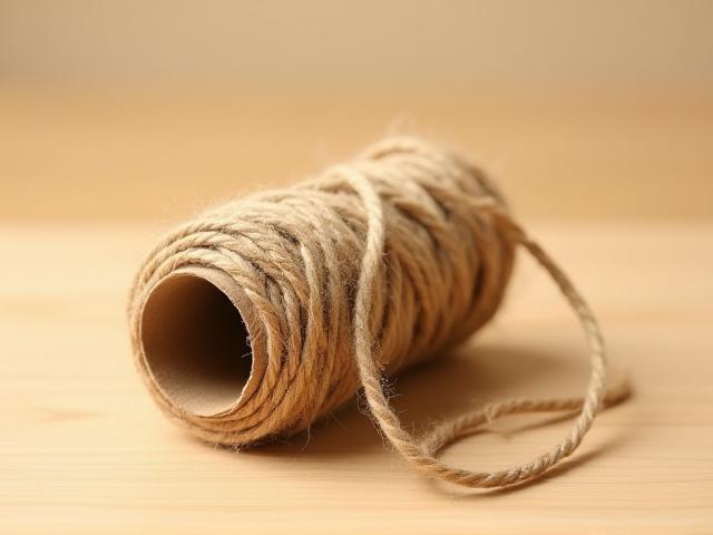 粗い質感のジュート紐の小さなスプール、素朴で自然な色合い。
