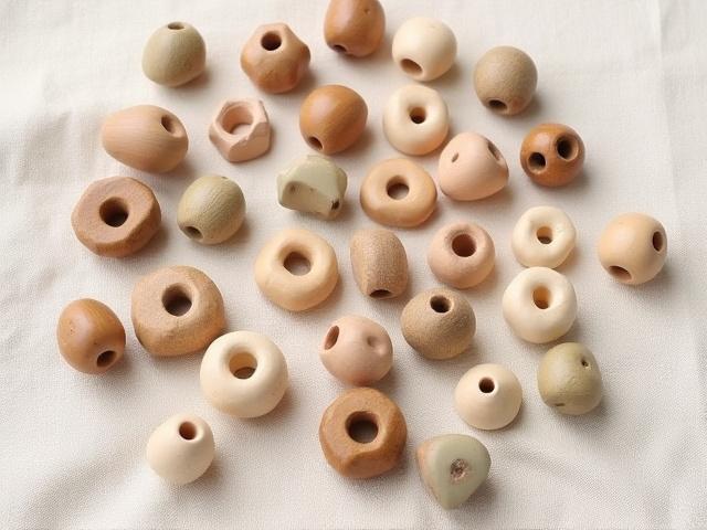 マクラメ作品に最適な、木製とセラミック製の多様な大穴ビーズのクローズアップ。