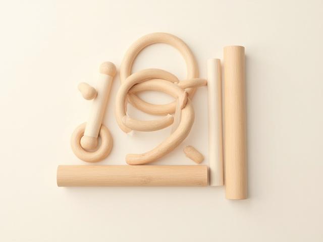 様々なサイズと形状の木製ダボとリングが美しく並べられ、天然素材の温かみが伝わる。