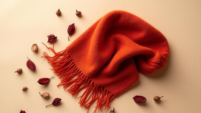 乾燥した茜の根の断片と、暖かく深い赤色に染められた羊毛の束