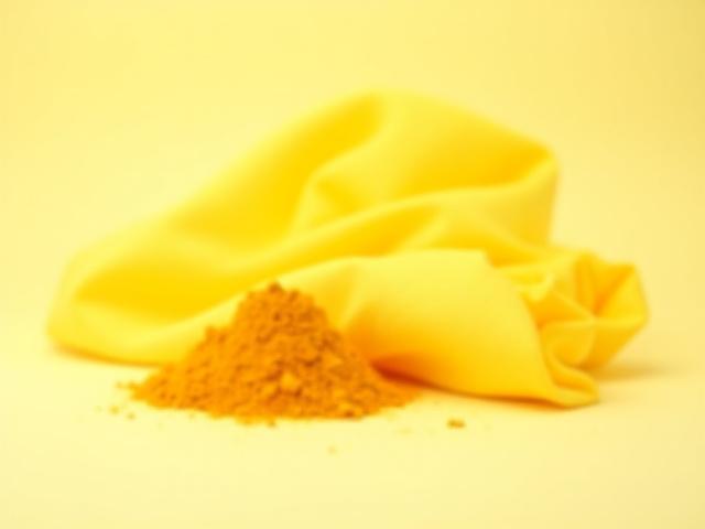 鮮やかな黄色のターメリック粉末と、ターメリックで染められた綿のスワッチ