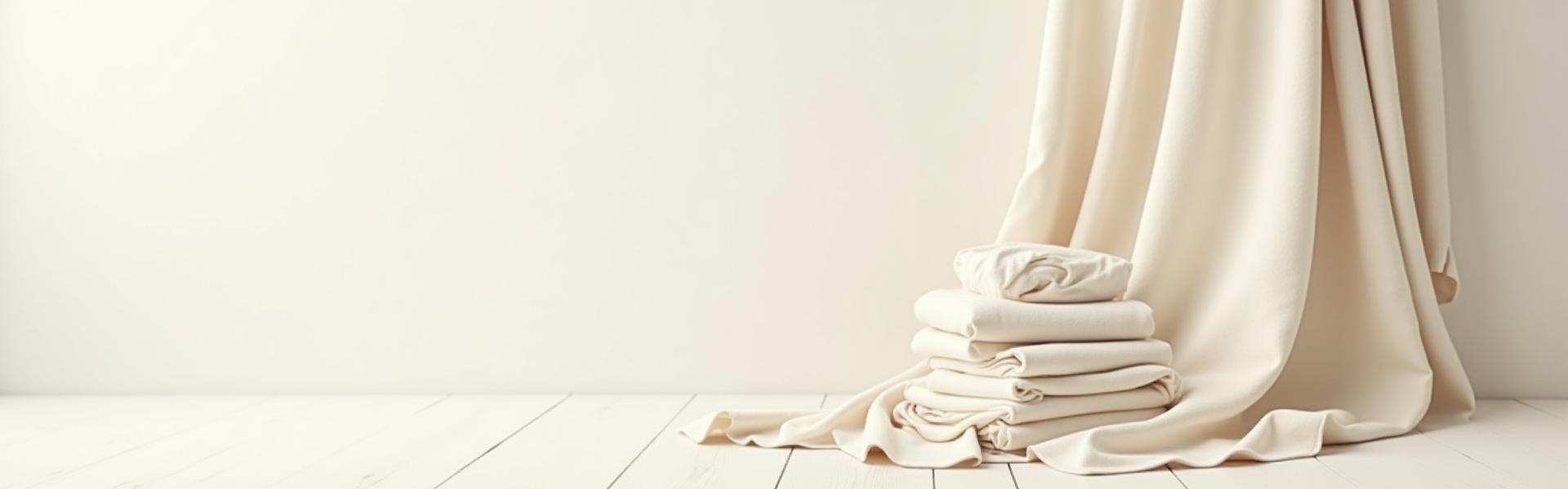 Bolts of natural organic fabrics like linen, cotton, and silk, showing their textures