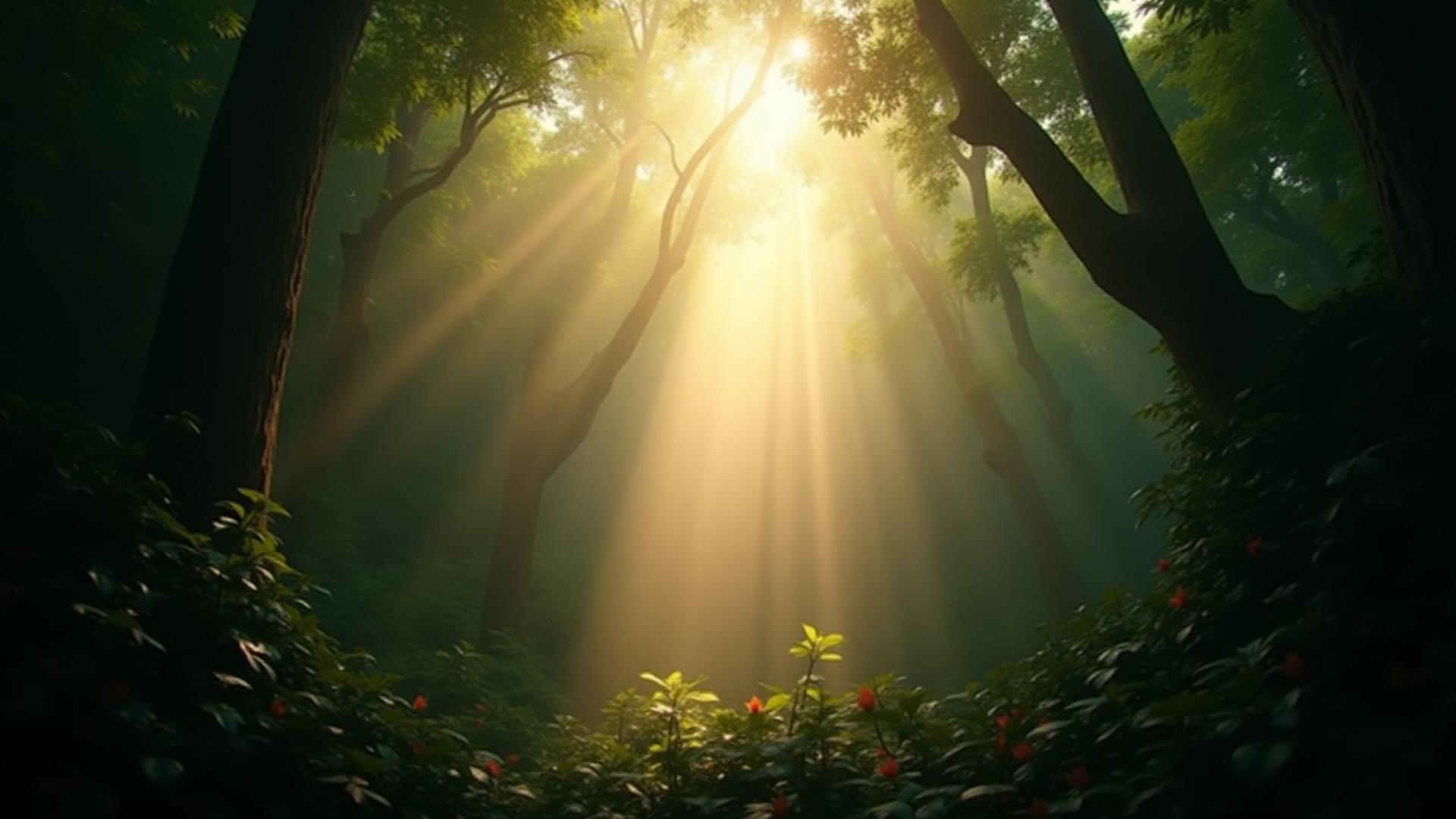 Lush, vibrant rainforest canopy with shafts of sunlight filtering through the leaves