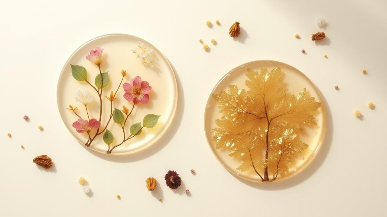 光沢のあるレジンコースターに閉じ込められた乾燥花と金箔の美しいフラットレイ